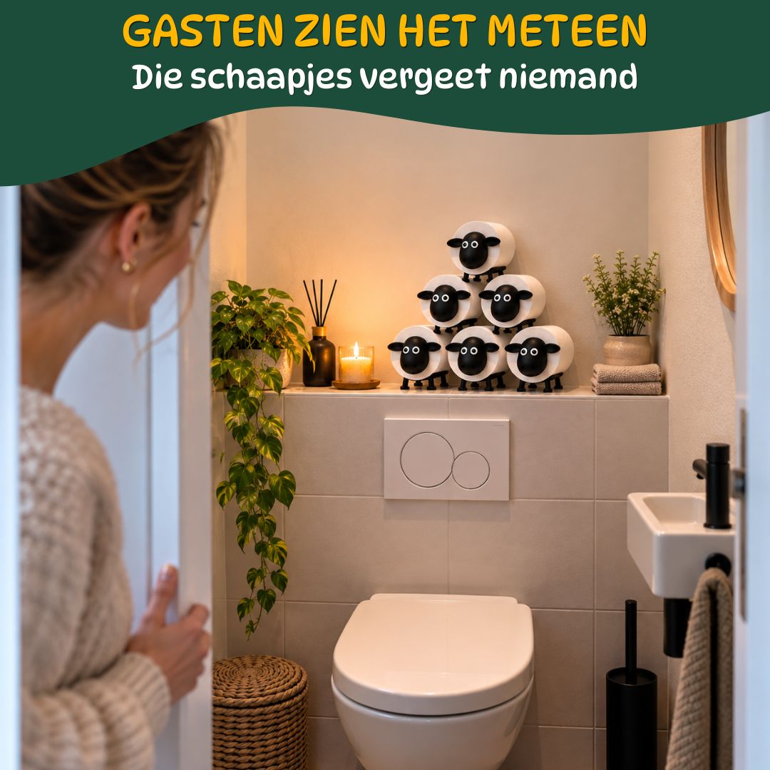 Zes schaap toiletrolhouders met wc-rollen als decoratie terwijl een gast verrast de toiletruimte binnenkijkt