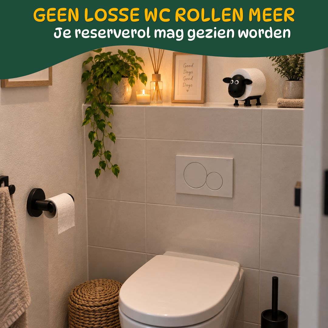 Schaap toiletrolhouder met witte reserverol op een houten plank naast het toilet.