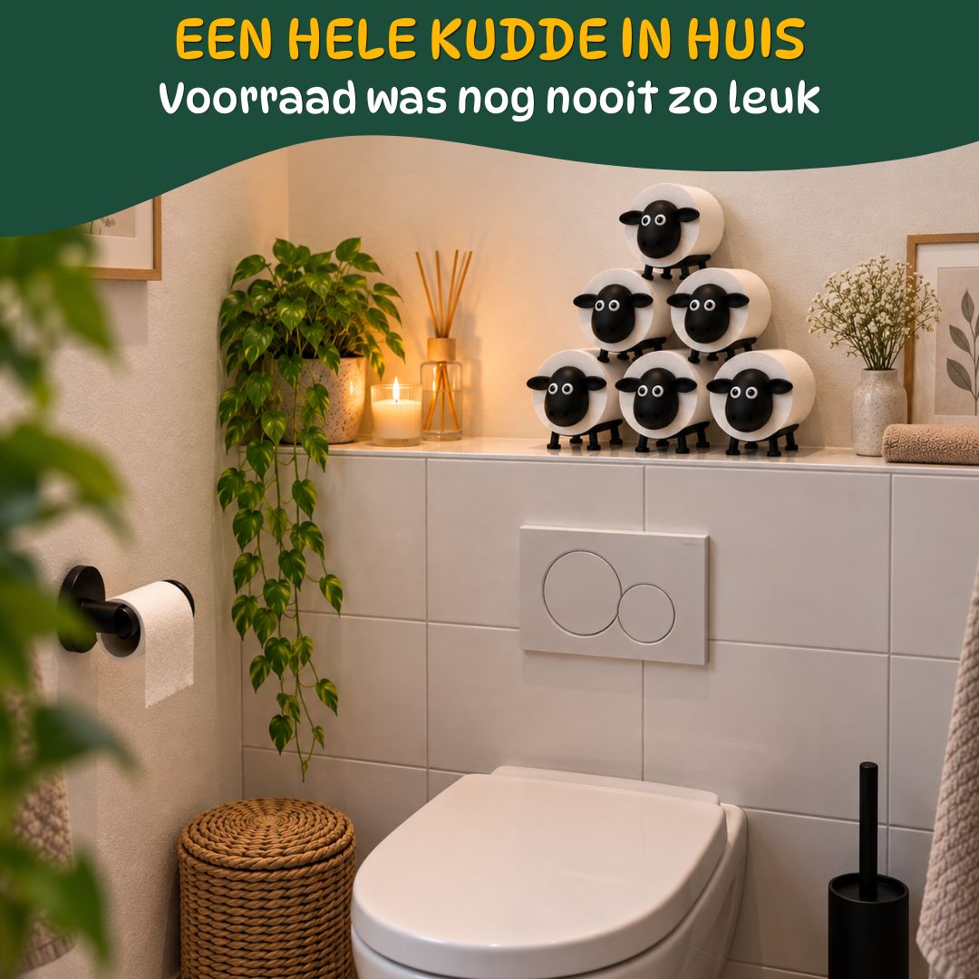 Zes gestapelde schaap toiletrolhouders met wc-rollen boven een hangtoilet.