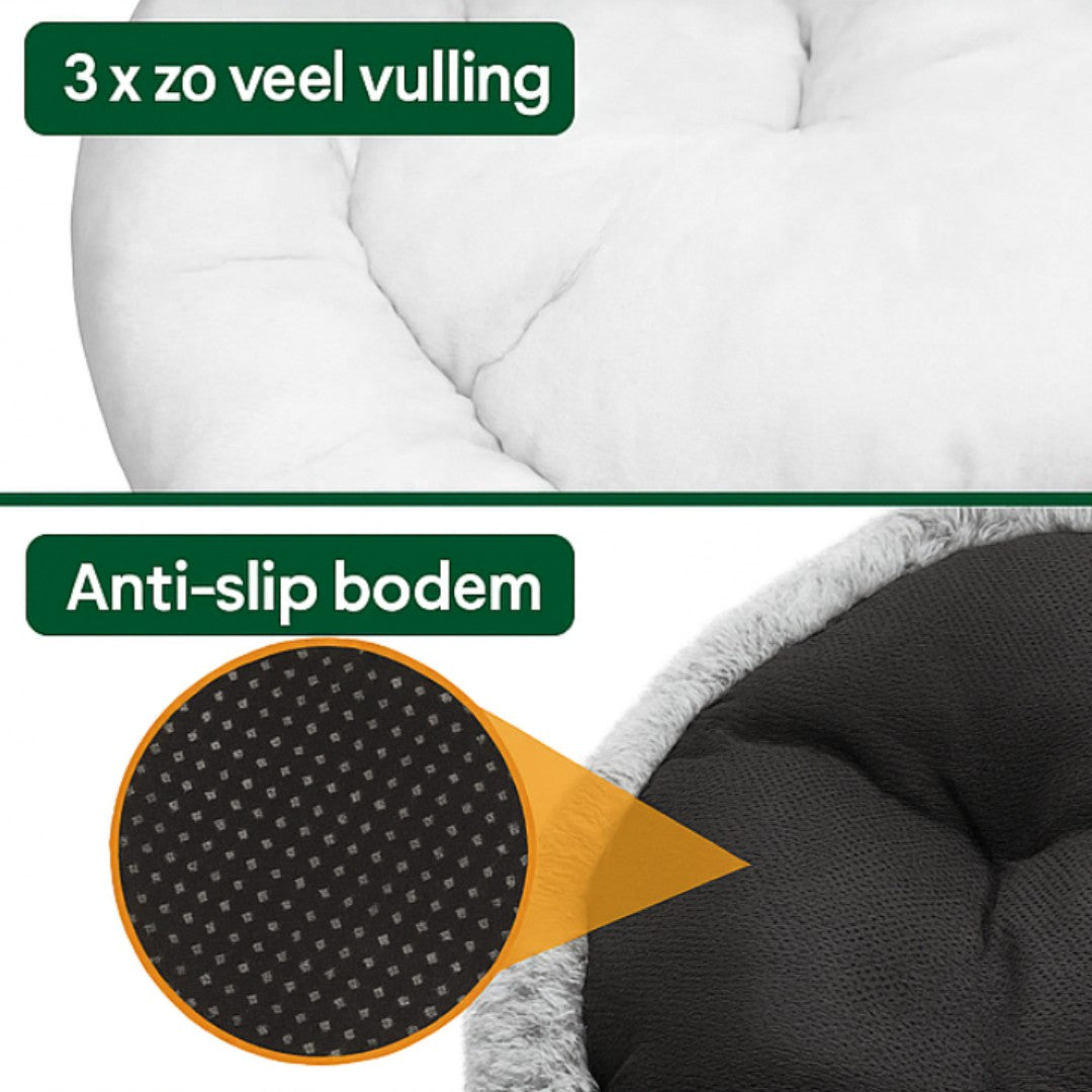 de Snoozebuddy heeft 3x zoveel vulling dan alle andere donutmanden. door de anti-slip onderkant schuift de mand niet alle kanten op