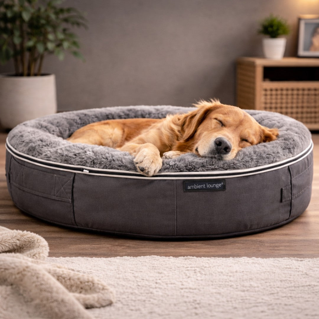 orthopedische hondenmand grijs ronde vorm hond slaapt diepe rust comfortabel thuis